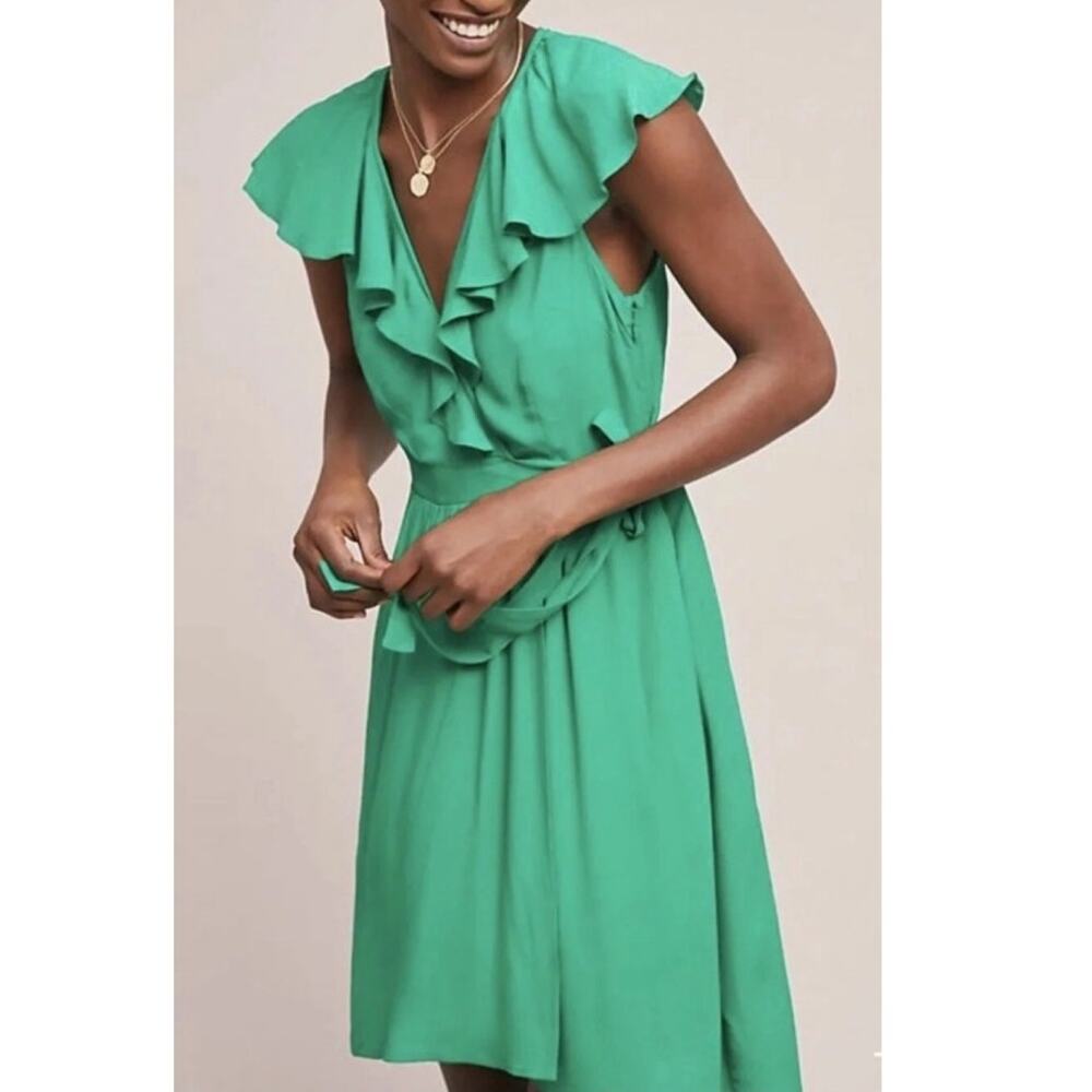Maeve Rosalia Faux Wrap Dress Womens Size 12 Kelly Green Ruffled Midi V-Neck